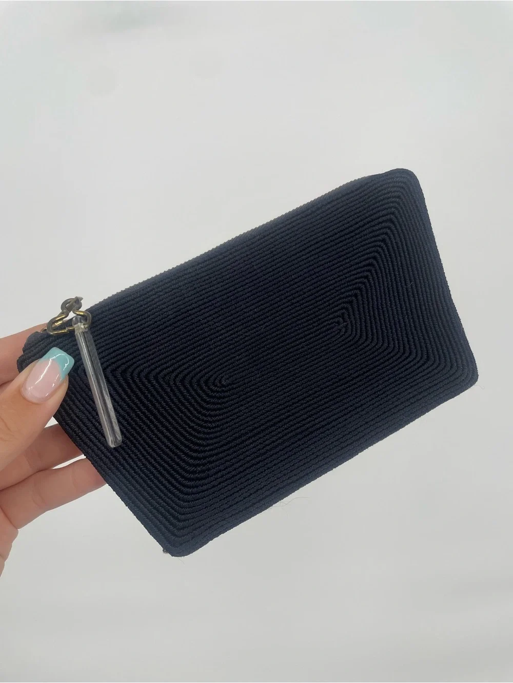 Navy Blue 1940s Textured Small Zip Pouch Clear Lucite Charm Metal Zip Clutch